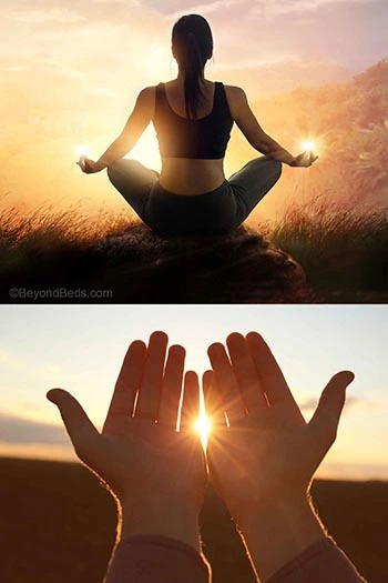 Two images illustrating mindfulness and connection—one featuring a woman seated in a yoga position on a large stone, viewed from behind, with a bright yellow sunrise symbolizing grounding and meditation; and another showing two hands reaching toward a sunrise, with early morning sun rays streaming through the fingers, representing energy and renewal.