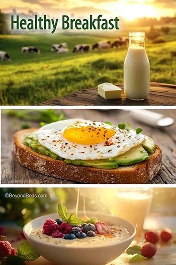 Three healthy breakfast options promoting gut health—a peaceful pasture with cows at sunrise symbolizing fresh milk and butter from grass-fed cows, avocado toast on whole wheat topped with a sunny-side-up egg, and a bowl of probiotic-rich yogurt with fresh raspberries, blueberries, and strawberries, accompanied by a glass of fiber-filled orange juice.