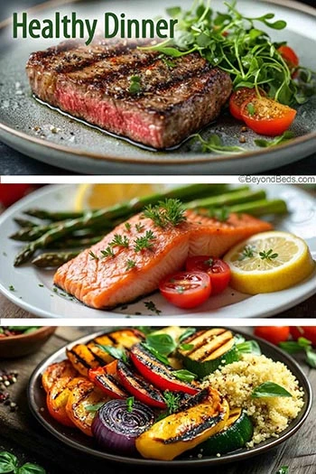 Three plates of food showcasing healthy dinner options—one with a lean grilled steak and greens, another with grilled salmon and asparagus, and a third featuring a plate of grilled vegetables with a side of quinoa.