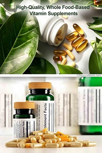 This image visually represents the importance of essential vitamins and minerals for optimal health. The first image features a plain white bottle tipped over, spilling soft gelcap vitamins, surrounded by fresh green leaves, symbolizing whole food-based nutrition. The second image showcases green vitamin bottles with a pile of capsules in the foreground, emphasizing foundational nutrients such as vitamin D3 for bone health and immune function, vitamin K2 for proper calcium utilization, vitamin C for antioxidant support and immune defense, and magnesium for muscle function and relaxation. The arrangement conveys the balance and synergy of these vitamins in supporting a healthy lifestyle.
