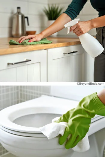 The top part shows close-up hands spraying a kitchen countertop with EradiZyme and wiping with a cloth. The bottom part depicts close-up hands wiping a toilet seat with a cloth.