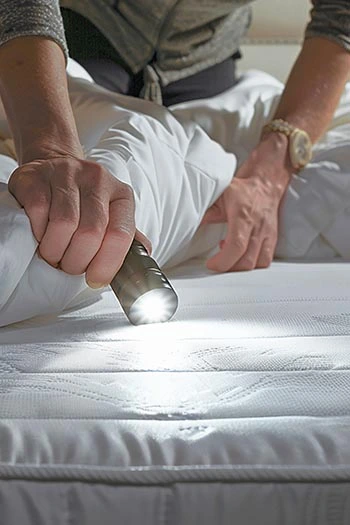 A man using a flashlight to inspect a mattress closely, searching for signs of bed bugs