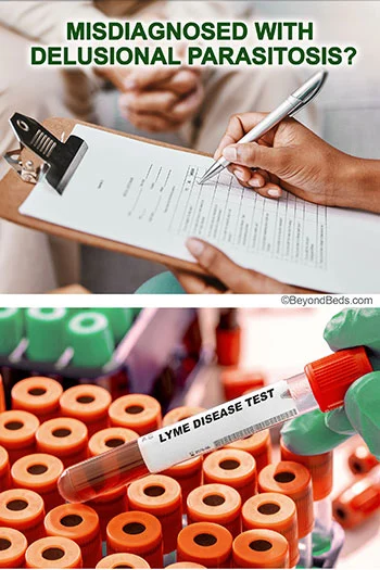 The top part shows a nurse writing on a clipboard, while the bottom part features a lab technician holding a vial of blood with other vials in the background.