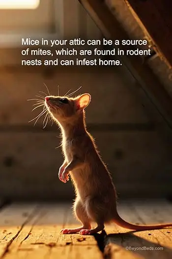 A mouse standing on two feet in an attic, illuminated by sunlight streaming through the window, representing how mice can bring mites into a home.