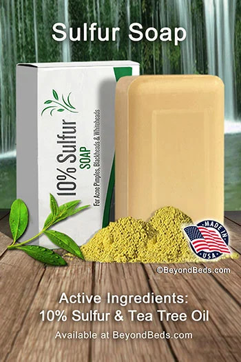 A bar of sulfur and its packaging in front of a scenic waterfall, accompanied by a tea tree leaf and a pile of powdered sulfur. Caption reads: "Active ingredients: 10% Sulfur with tea tree oil."