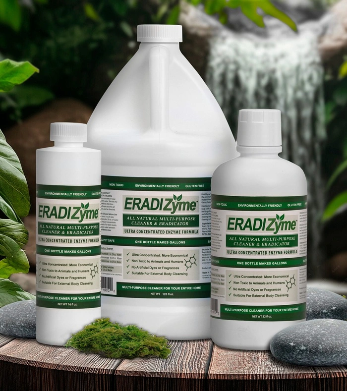 Three bottles of Eradizyme™ in different sizes: 16 oz, 32 oz, and 128 oz, displayed side by side, used to eliminate biting mites, bed bugs, and scabies.
