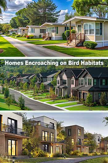 Three rows of homes: mobile park, suburban neighborhood, and townhouses amid trees