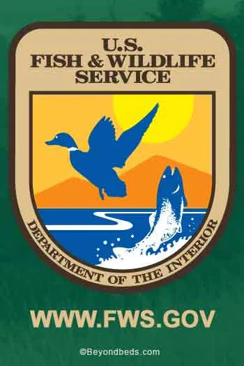 U.S. Fish and Wildlife Service logo featuring a flying duck and a leaping fish over water on a green background.