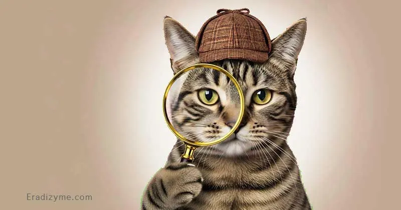 A close-up of a cat face wearing a detective hat and holding a magnifying glass, symbolizing the careful diagnostic investigation of Sandy's mystery pest infestation.