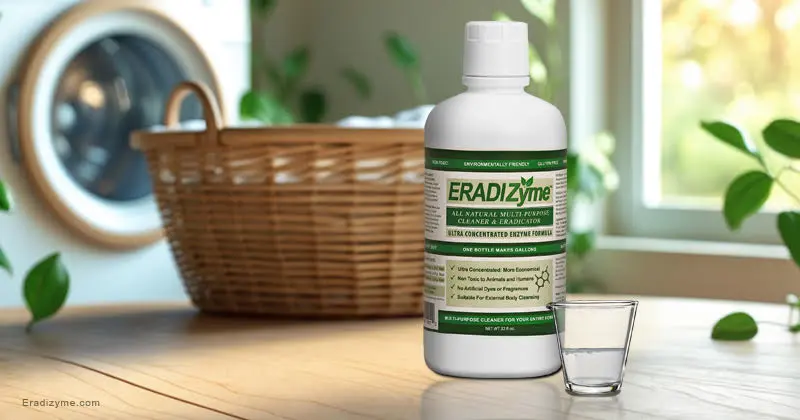 eradizyme bottle on table near laundy machine