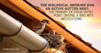 A real photograph of an active bird nest built inside a residential roof rain gutter, illustrating the primary exterior vector source for indoor structural mite infestations.