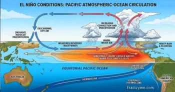 A color-coded meteorological weather map displaying global sea surface temperature anomalies during a Super El Niño cycle indicating above-average heat and atmospheric moisture.