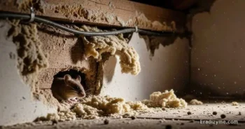 A mouse nesting in an isolated attic space with exposed wood rafters, illustrating a hidden parasite reservoir that avoids household pets