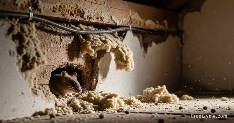 A mouse nesting in an isolated attic space with exposed wood rafters, illustrating a hidden parasite reservoir that avoids household pets