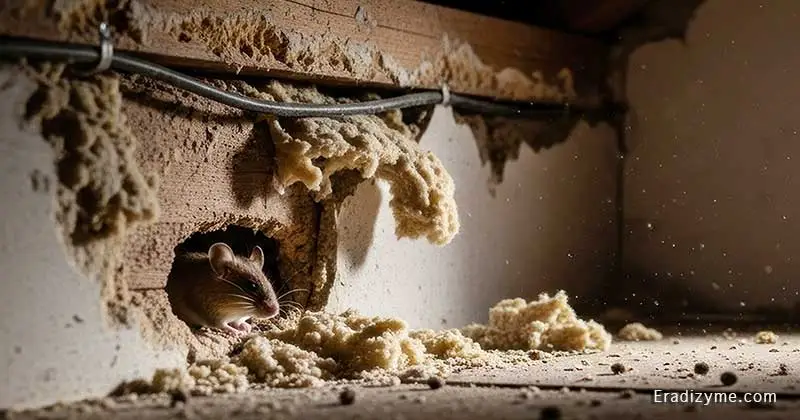 A mouse nesting in an isolated attic space with exposed wood rafters, illustrating a hidden parasite reservoir that avoids household pets