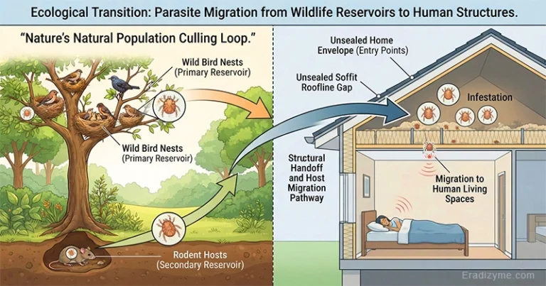 Split-screen scientific diagram illustrating bird and rodent mite ecological migration from natural reservoirs to human environments with nature population culling loops on the left and structural handoffs through unsealed home attic entry points into human living spaces on the right