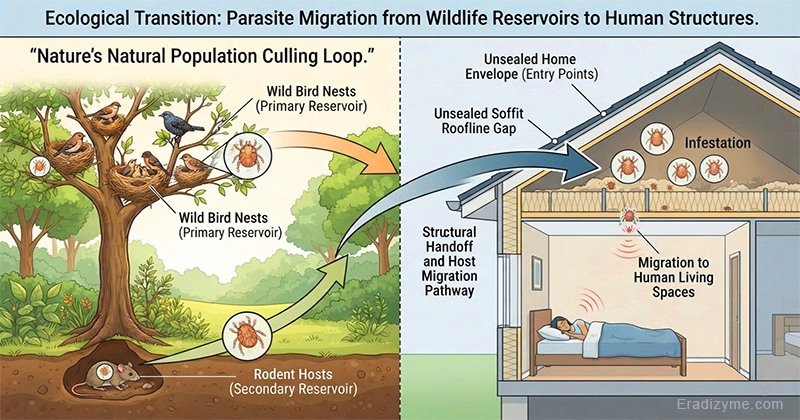 Split-screen scientific diagram illustrating bird and rodent mite ecological migration from natural reservoirs to human environments with nature population culling loops on the left and structural handoffs through unsealed home attic entry points into human living spaces on the right