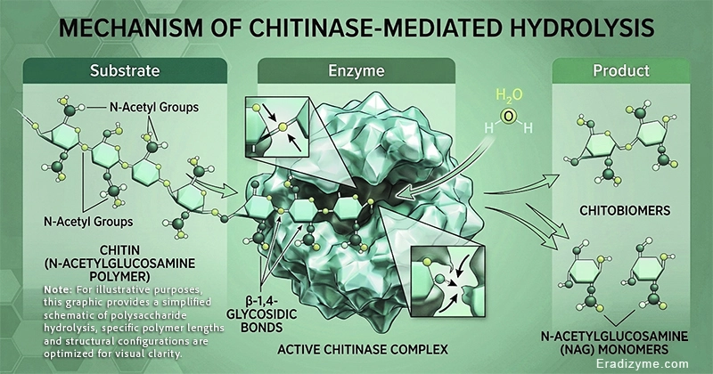 Biochemical flow diagram showcasing the green mechanism of chitinase-mediated enzymatic hydrolysis breaking down a structural chitin polysaccharide matrix exoskeleton armor into monomers