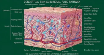 A sophisticated medical cross section schematic mapping the upper layers of human skin showcasing a clean microscopic view of the dermal matrix while highlighting networks of pink collagen cells and microscopic blood capillaries targeted by bird and rodent mite saliva.