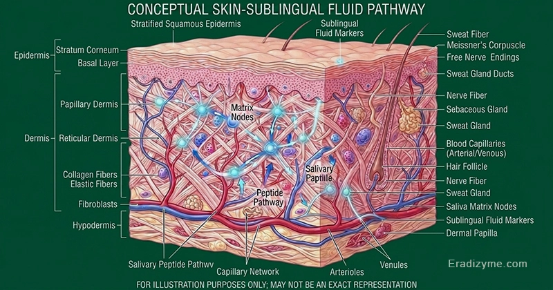 A sophisticated medical cross section schematic mapping the upper layers of human skin showcasing a clean microscopic view of the dermal matrix while highlighting networks of pink collagen cells and microscopic blood capillaries targeted by bird and rodent mite saliva.