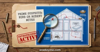 A confidential detective case file folder stamped Investigation Active containing an architectural house blueprint layout that displays the hidden red transit pathways of bird and rodent mites entering a residential home from roofline gutters and wall voids.
