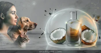 Infographic showing a woman, dog, and cat profile on the left, with cracked open coconut halves and a clear bottle of oil on the right protected by an invisible dome shield that blocks tiny bird and rodent mites from penetrating the topical barrier.