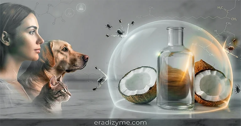 Infographic showing a woman, dog, and cat profile on the left, with cracked open coconut halves and a clear bottle of oil on the right protected by an invisible dome shield that blocks tiny bird and rodent mites from penetrating the topical barrier.