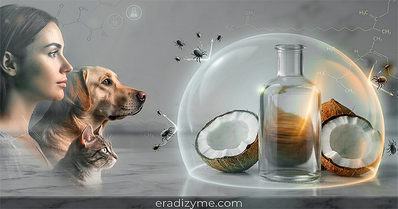 Infographic showing a woman, dog, and cat profile on the left, with cracked open coconut halves and a clear bottle of oil on the right protected by an invisible dome shield that blocks tiny bird and rodent mites from penetrating the topical barrier.