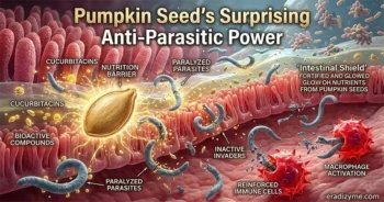 A high-impact 3D microscopic infographic of the human gut showing how raw pumpkin seed nutrients actively paralyze parasites and reinforce immune defenses.