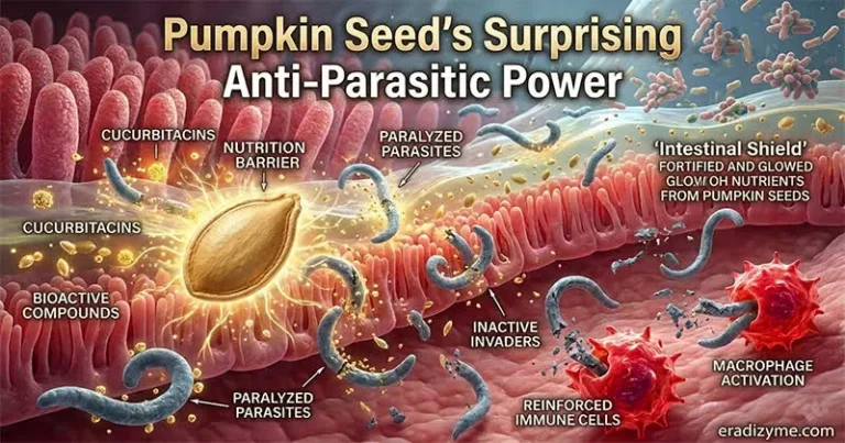 A high-impact 3D microscopic infographic of the human gut showing how raw pumpkin seed nutrients actively paralyze parasites and reinforce immune defenses.