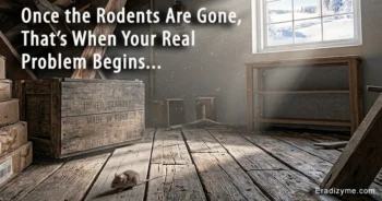 A wild mouse on an open floor inside a rustic room with exposed wooden framing studs, surrounded by cardboard boxes, while bright light streams through a large window showing a cold, snow-covered landscape outside.
